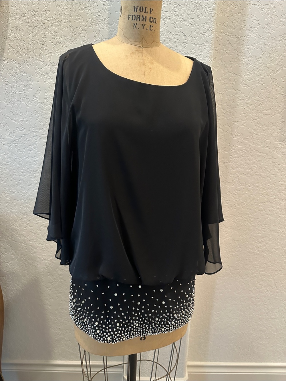 MSK Black Beaded Overlay Evening Blouse